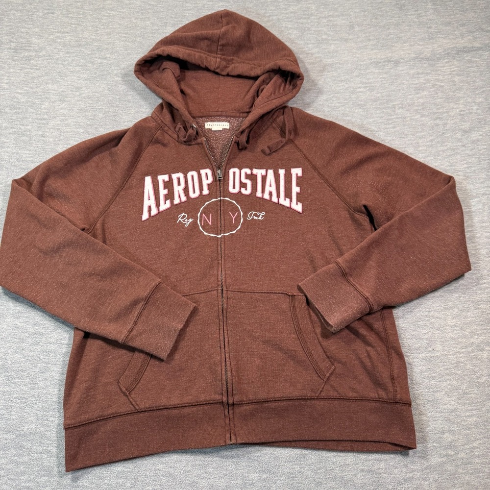 Aeropostale Hoodie Womens XL Brown Full Zip Sweatshirt NY Logo Casual Comfy y2k
